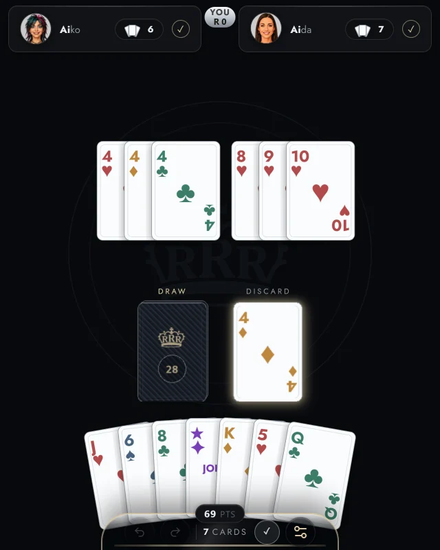 Royal Robber Rummy — the card table with draw and discard piles